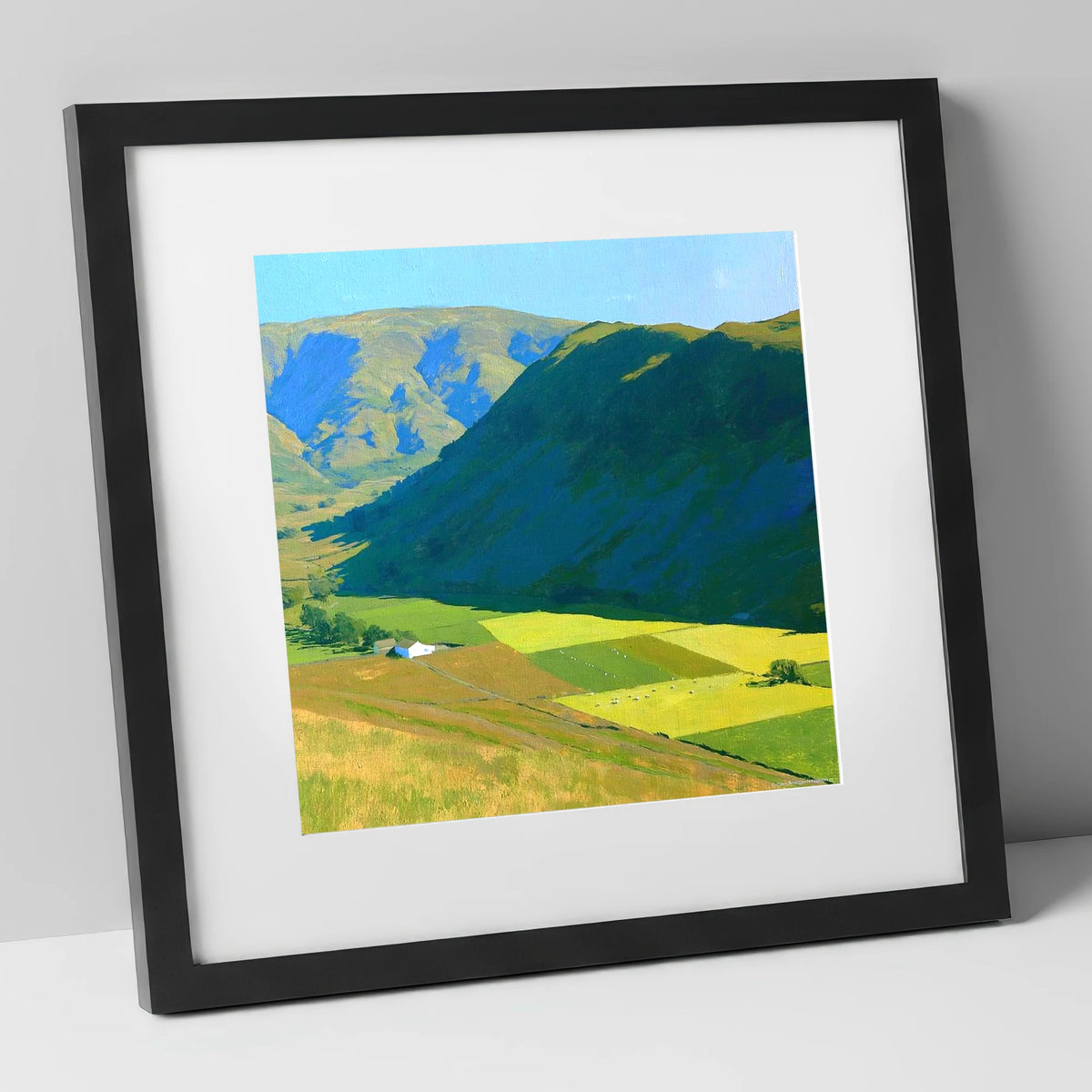 Sunlit Fields Below Steel Knotts lake district fell art print in black frame