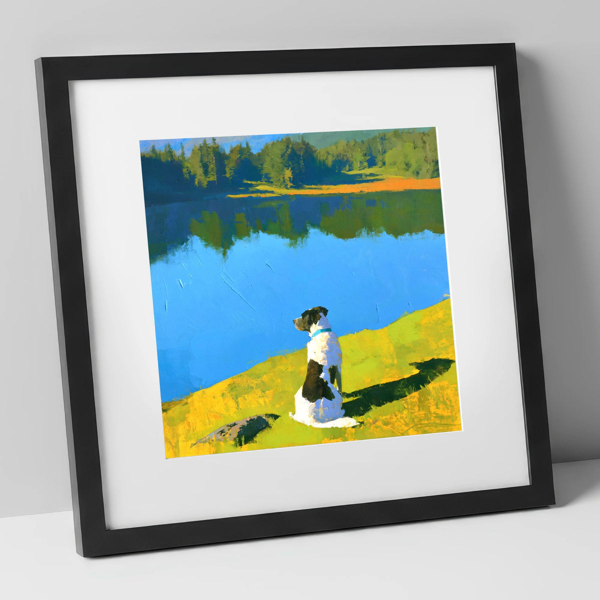 Sunlit Dog Beside Tarn Hows tarn hows wall art art print in black frame