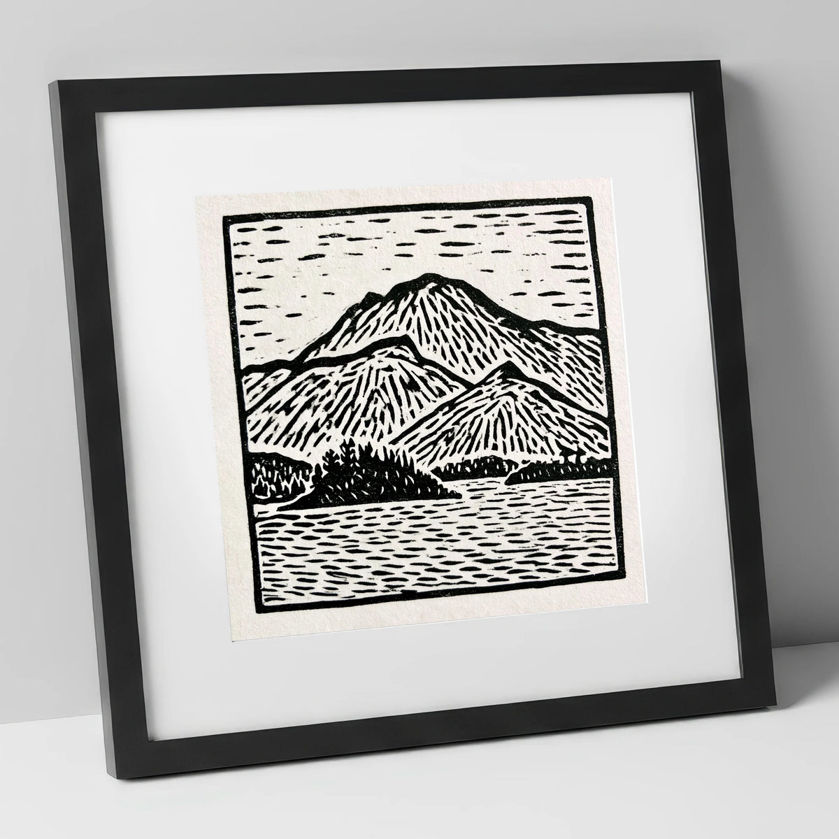 Graphic Monochrome Catbells Ridge lake district fell art print in black frame