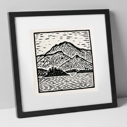 Graphic Monochrome Catbells Ridge lake district fell art print in black frame