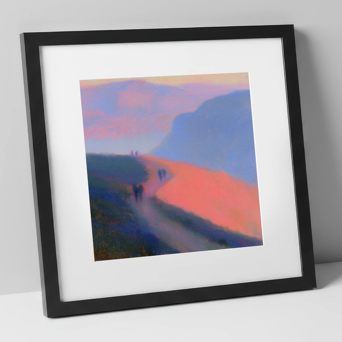 Twilight Walkers on a Fell Path lake district walking art print in black frame