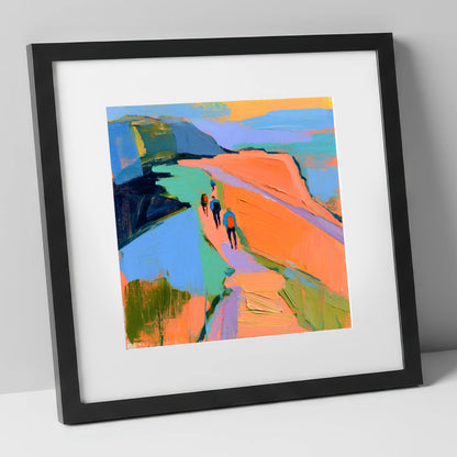 Walkers on Bright Mountain Path lake district walking art print in black frame