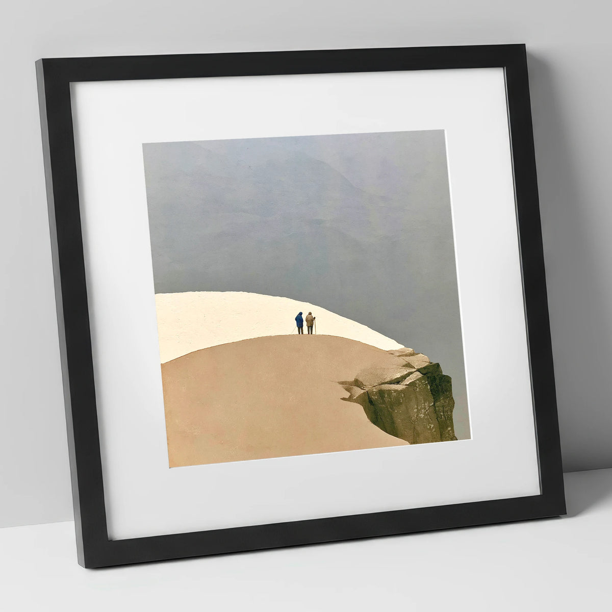 High Fell Walkers on a Snowy Ridge lake district fell art print in black frame