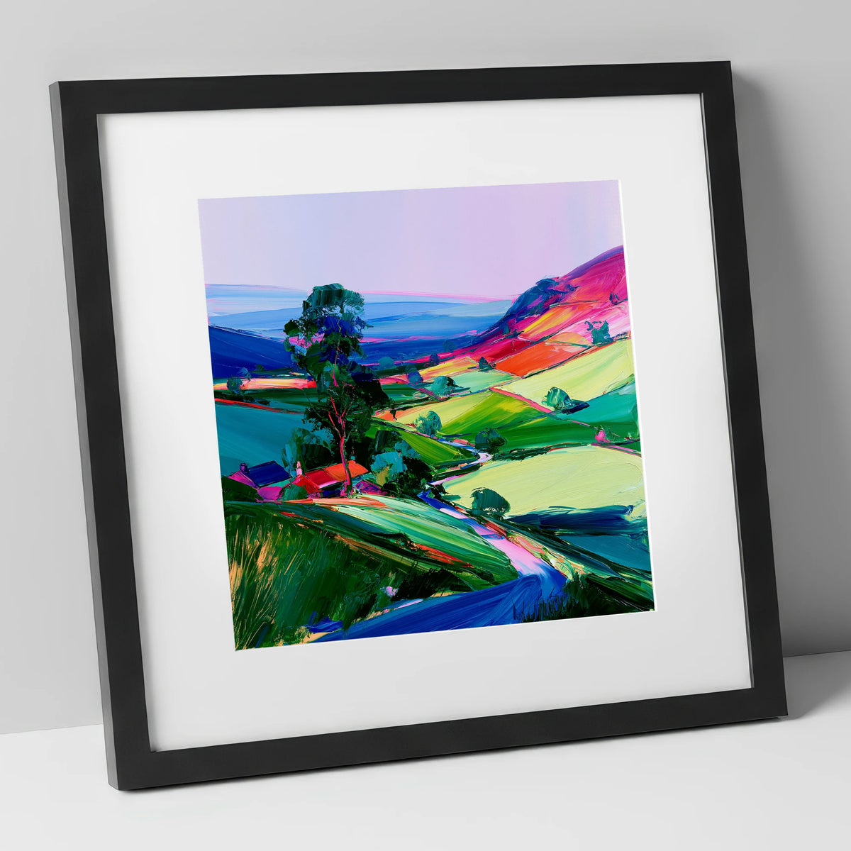 Vibrant Patchwork Dale Fields lake district valley art print in black frame