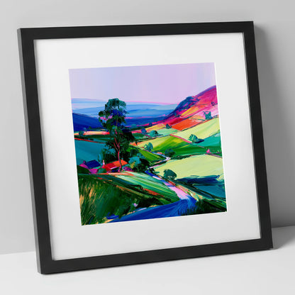 Vibrant Patchwork Dale Fields lake district valley art print in black frame