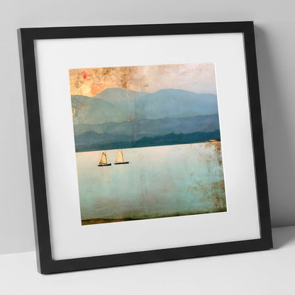 Windermere Sailboats Beneath Ochre Skies lake district lake art print in black frame