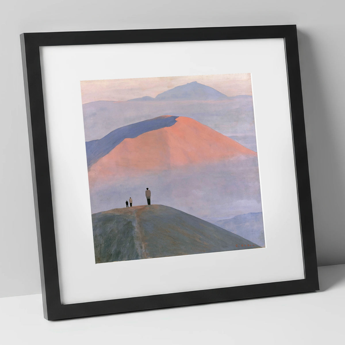 Hikers on a Pastel Fell Top lake district fell art print in black frame