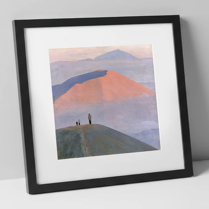 Hikers on a Pastel Fell Top lake district fell art print in black frame