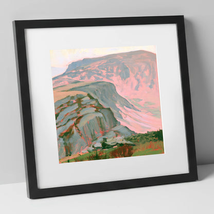Pastel Pink Mountain Ridge lake district fell art print in black frame