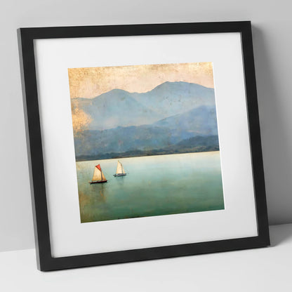 Windermere Sailboats in Teal and Gold lake district lake art print in black frame