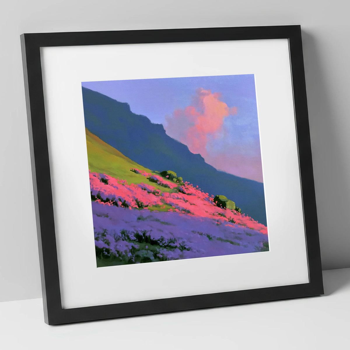 Vibrant Pink Heather Fellside flowers & fellsides art print in black frame