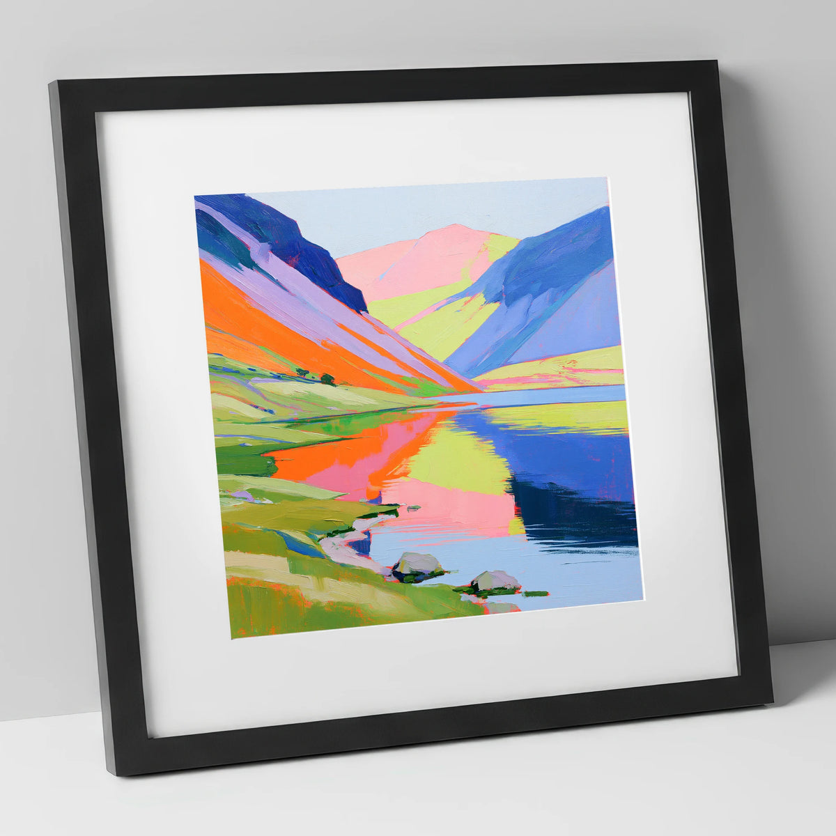 Lake Reflections in Bold Colour lake district lake art print in black frame