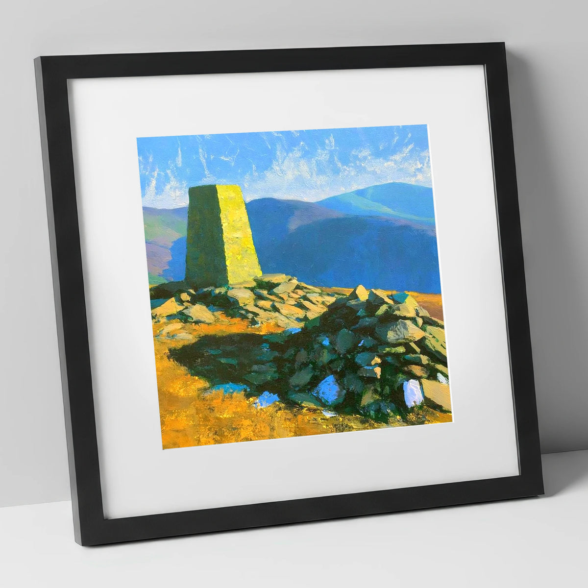 Sunlit Binsey Summit Trig Pillar lake district fell art print in black frame