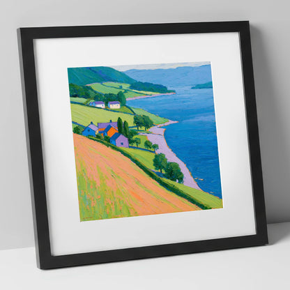 Colourful Lakeside Village lake district village art print in black frame