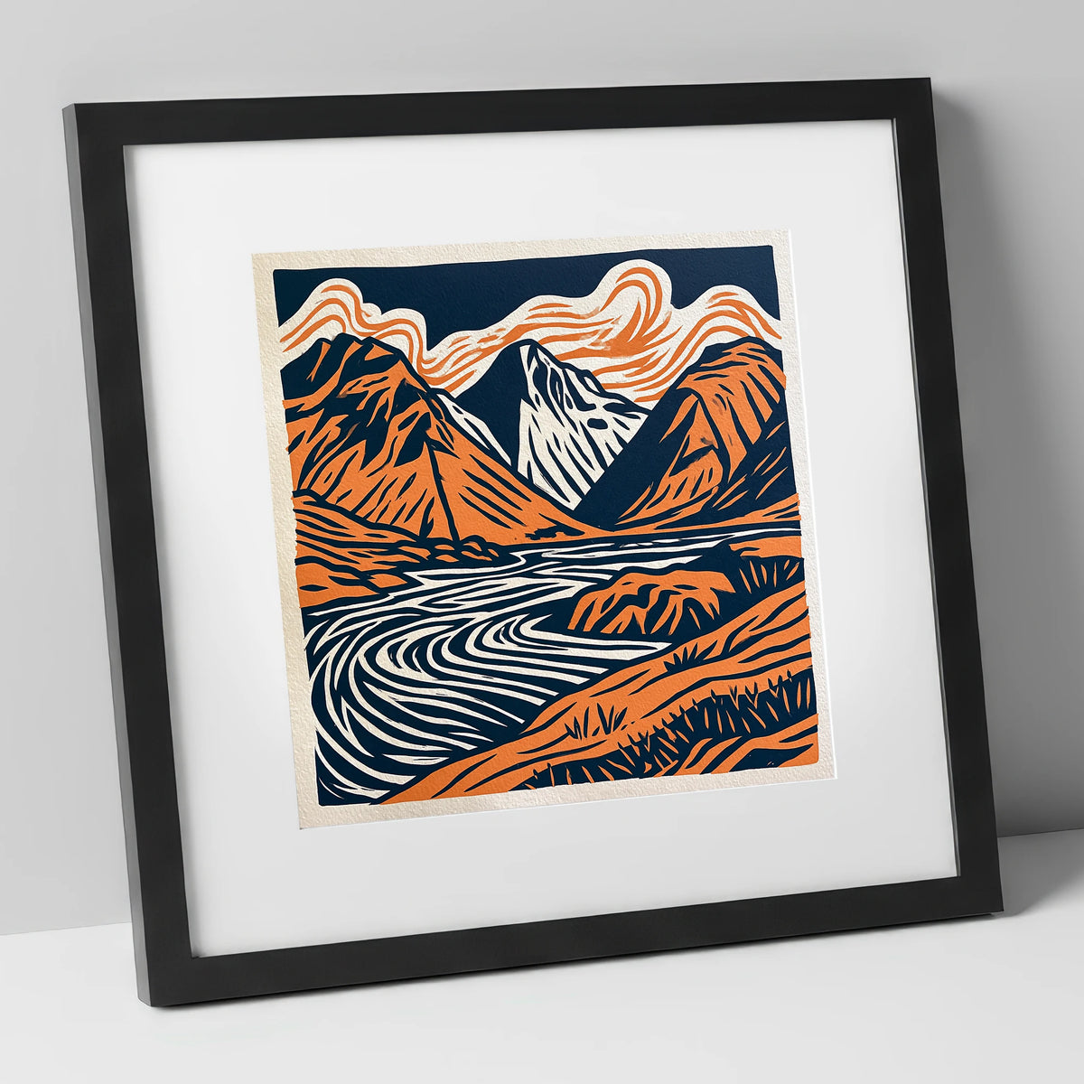 Bold Scafell Pike in Terracotta lake district fell art print in black frame