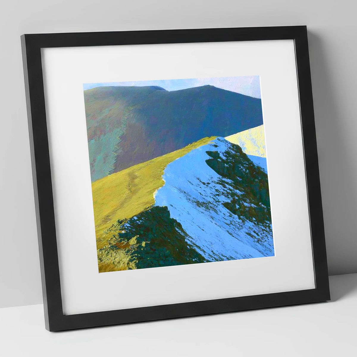 Snowy Ridge at Scar Crags lake district fell art print in black frame