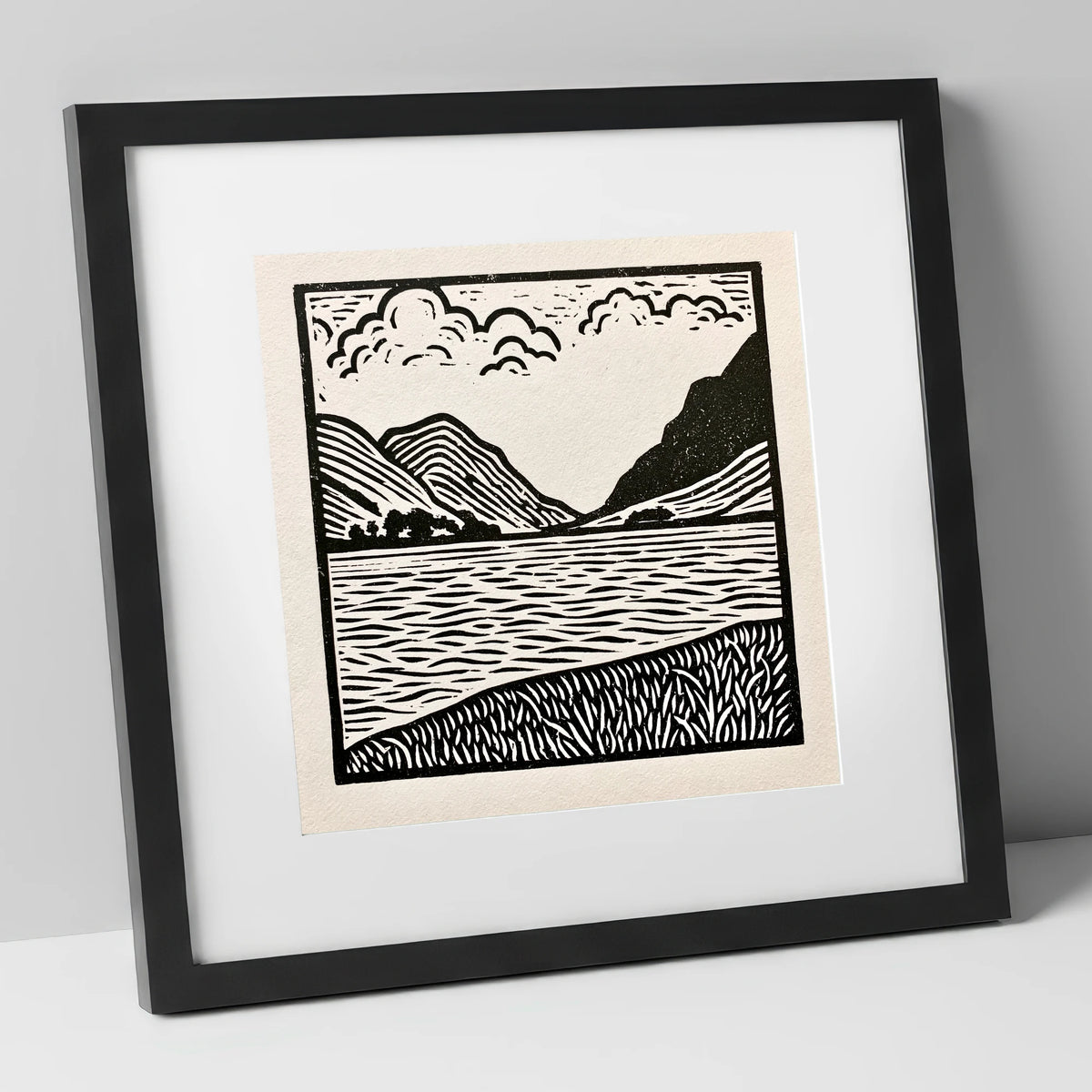 Ullswater in Monochrome lake district lake art print in black frame