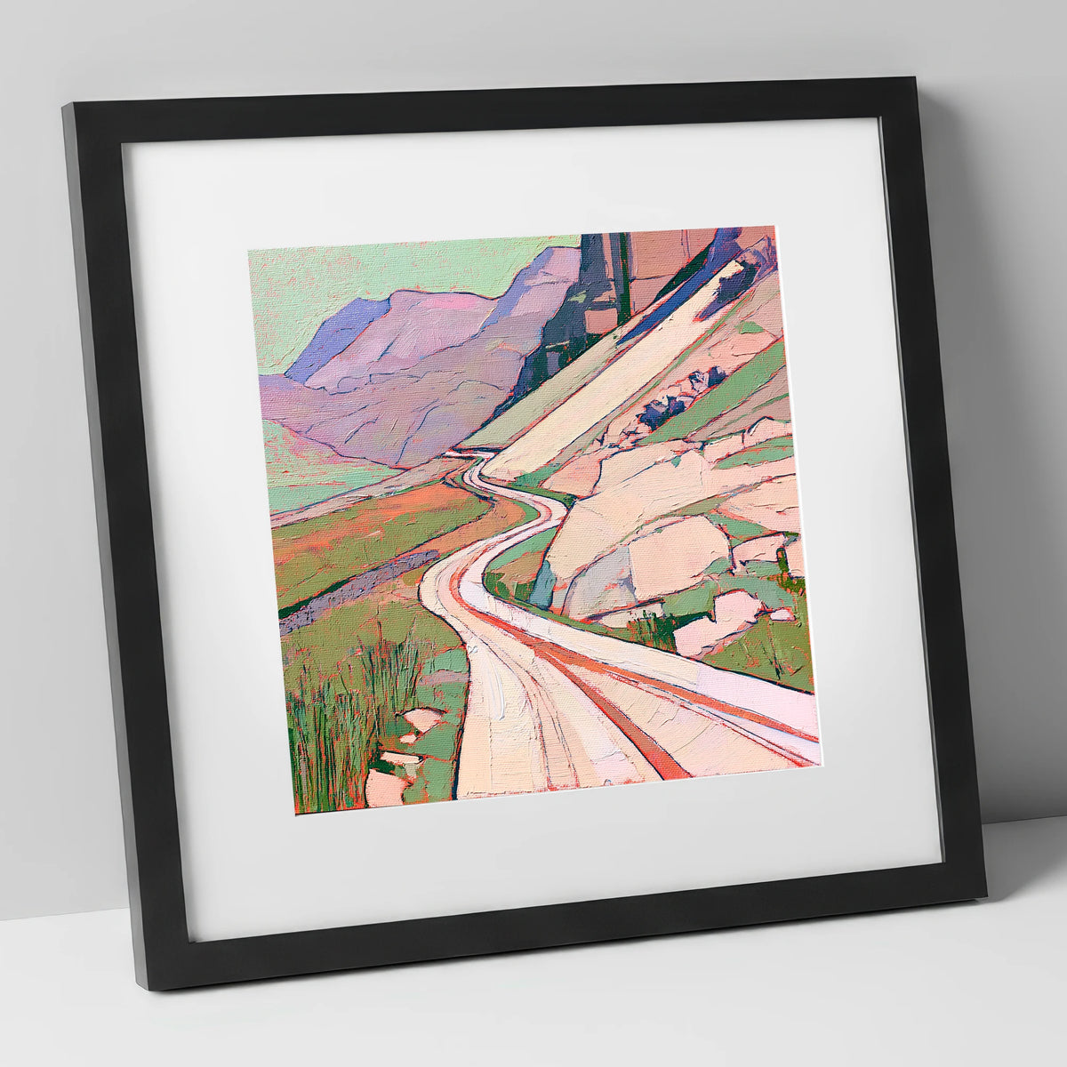 Vibrant Winding Mountain Pass lake district valley art print in black frame