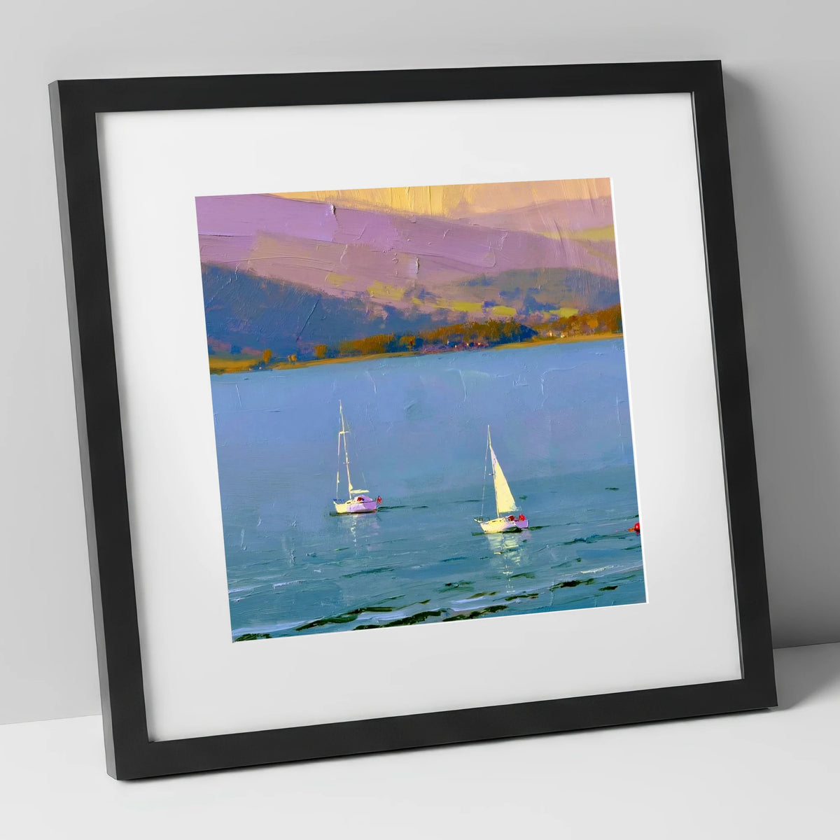 Windermere Sailboats against Lavender Fells lake district lake art print in black frame