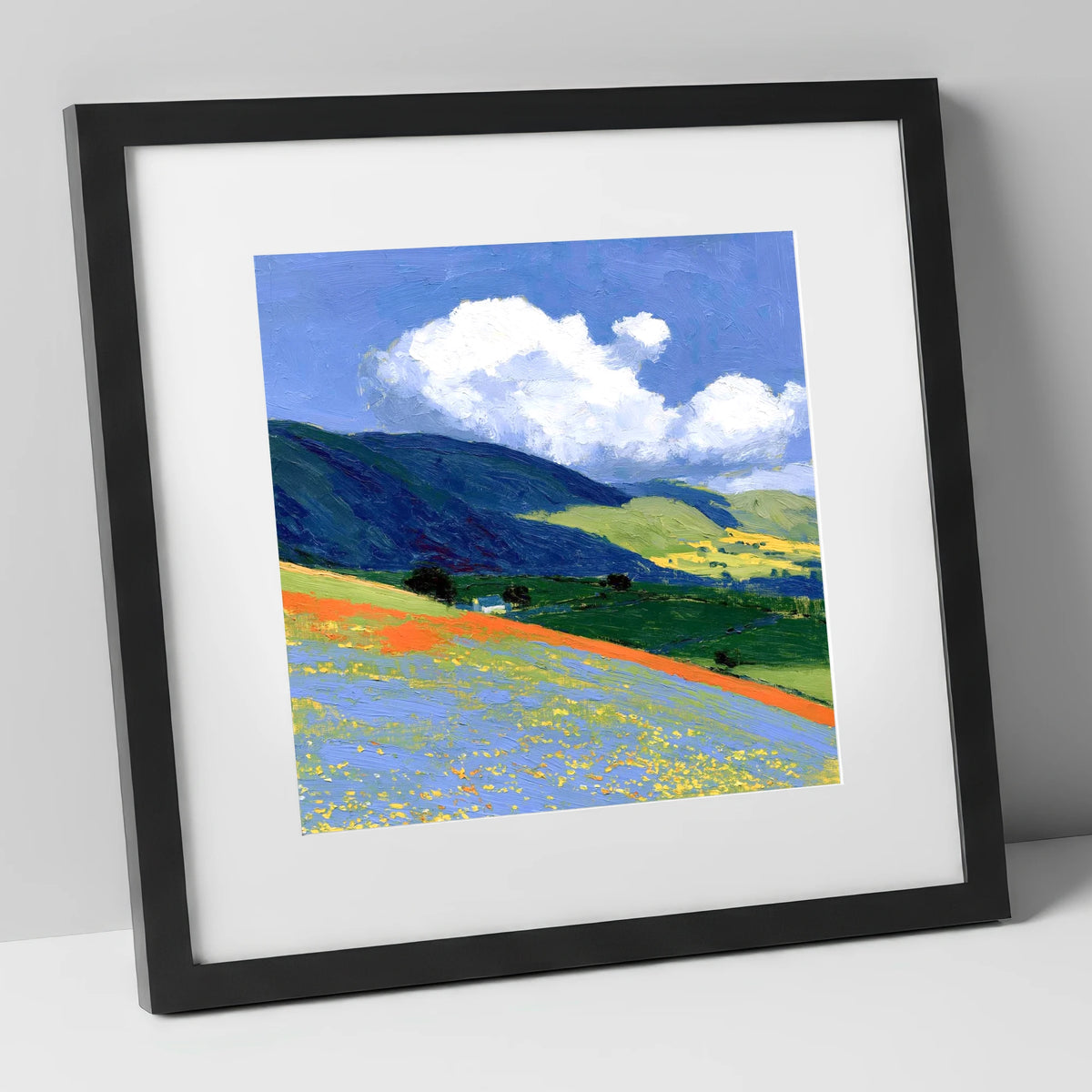 Rolling Fells Under Bright Clouds lake district fell art print in black frame