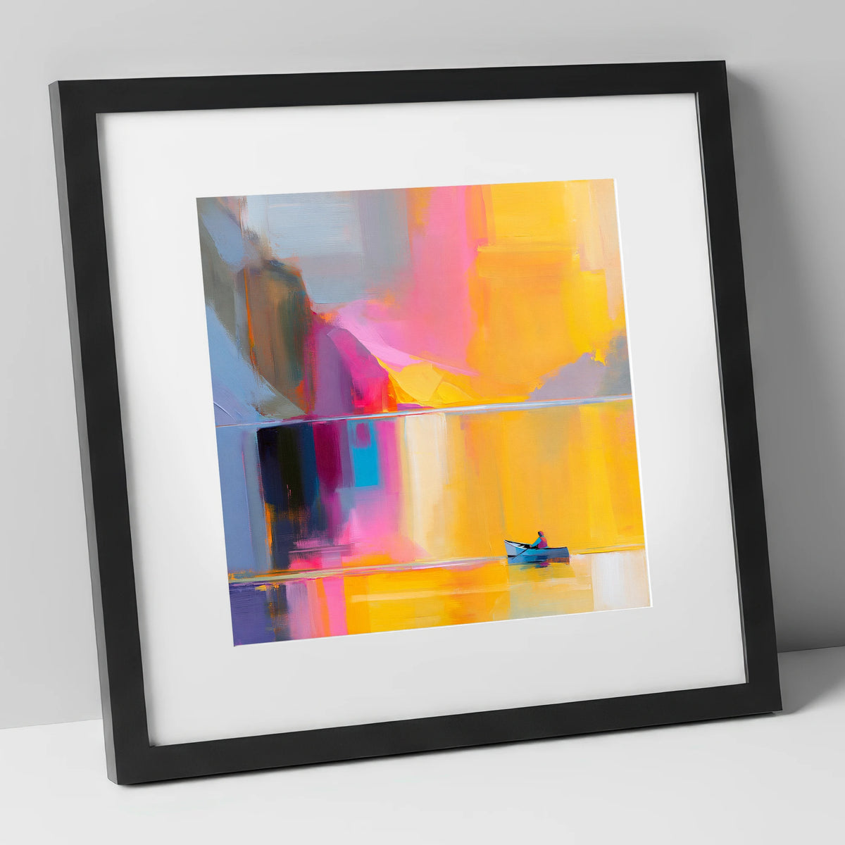 Vibrant Lake Kayaking in Gold lake district walking art print in black frame