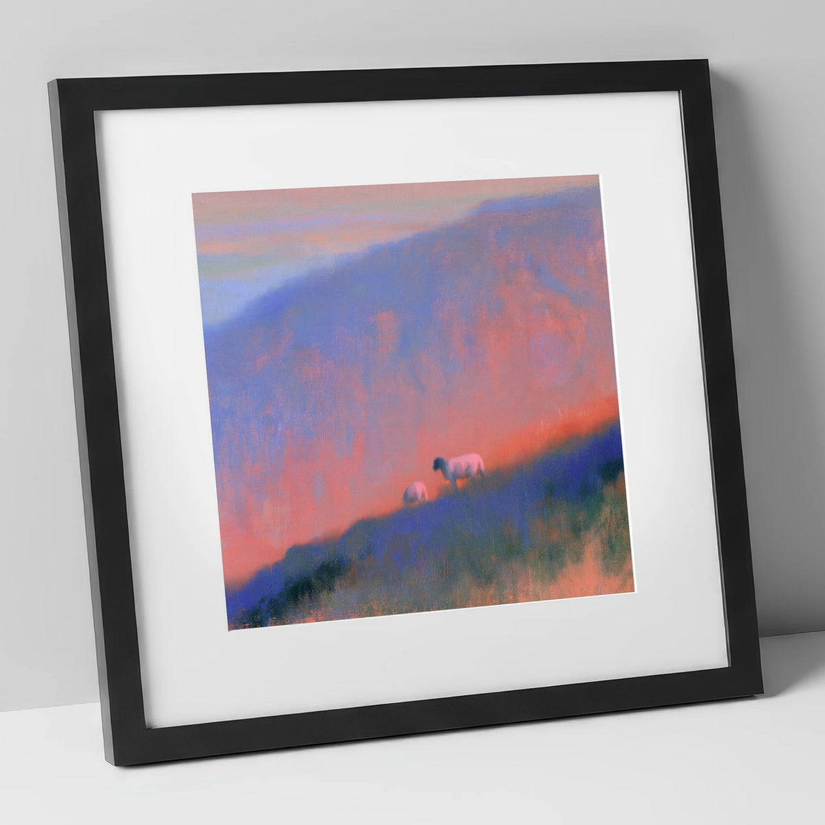 Herdwick Sheep on Twilight Fellside lake district wildlife art print in black frame
