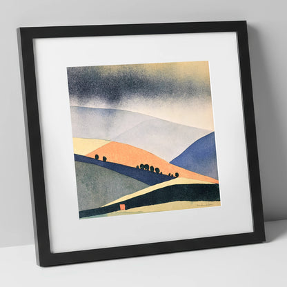 Rolling Fells in Terracotta and Indigo lake district fell art print in black frame