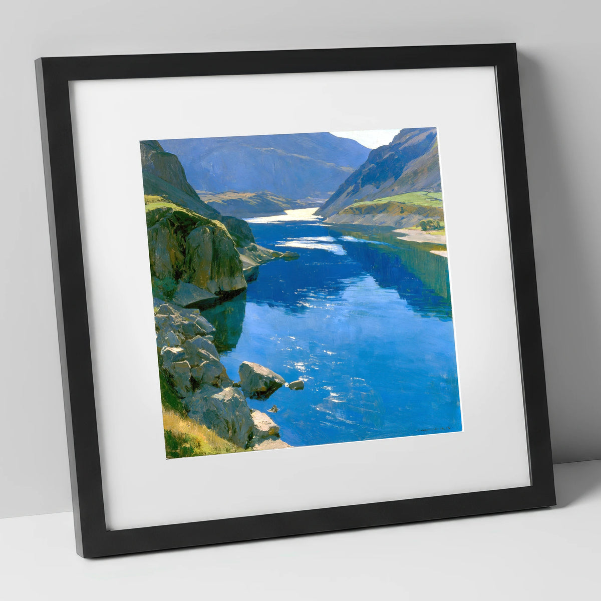 Brilliant Blue Lake and Fells lake district lake art print in black frame