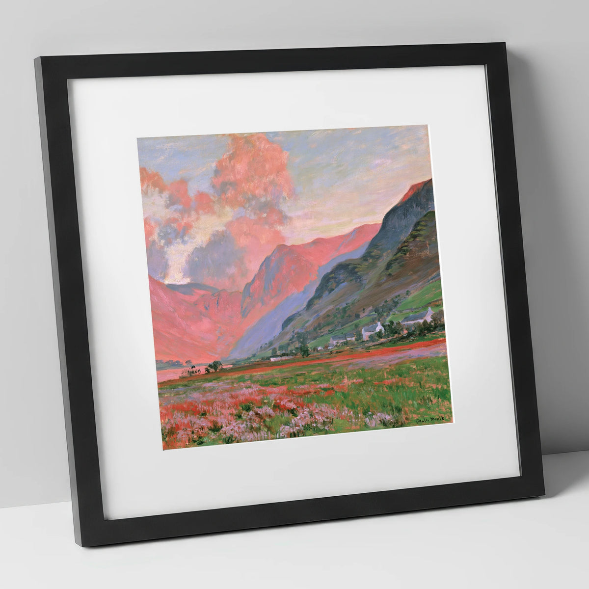 Radiant Pink Sunset Over Fells lake district fell art print in black frame