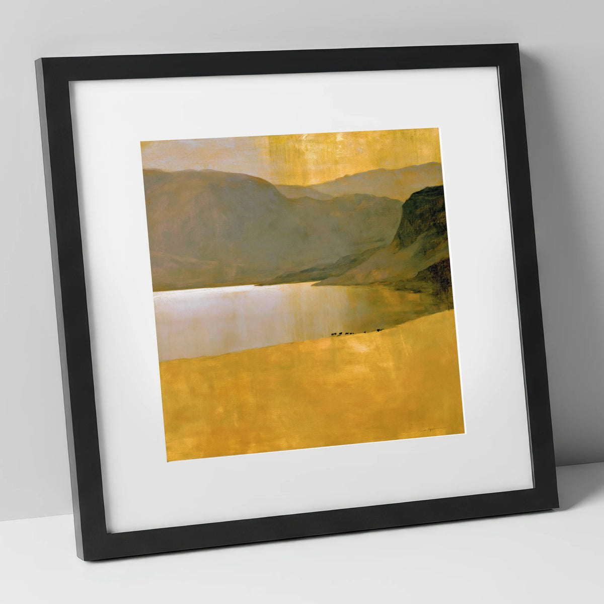 Golden Lake Beneath Dark Fells lake district lake art print in black frame