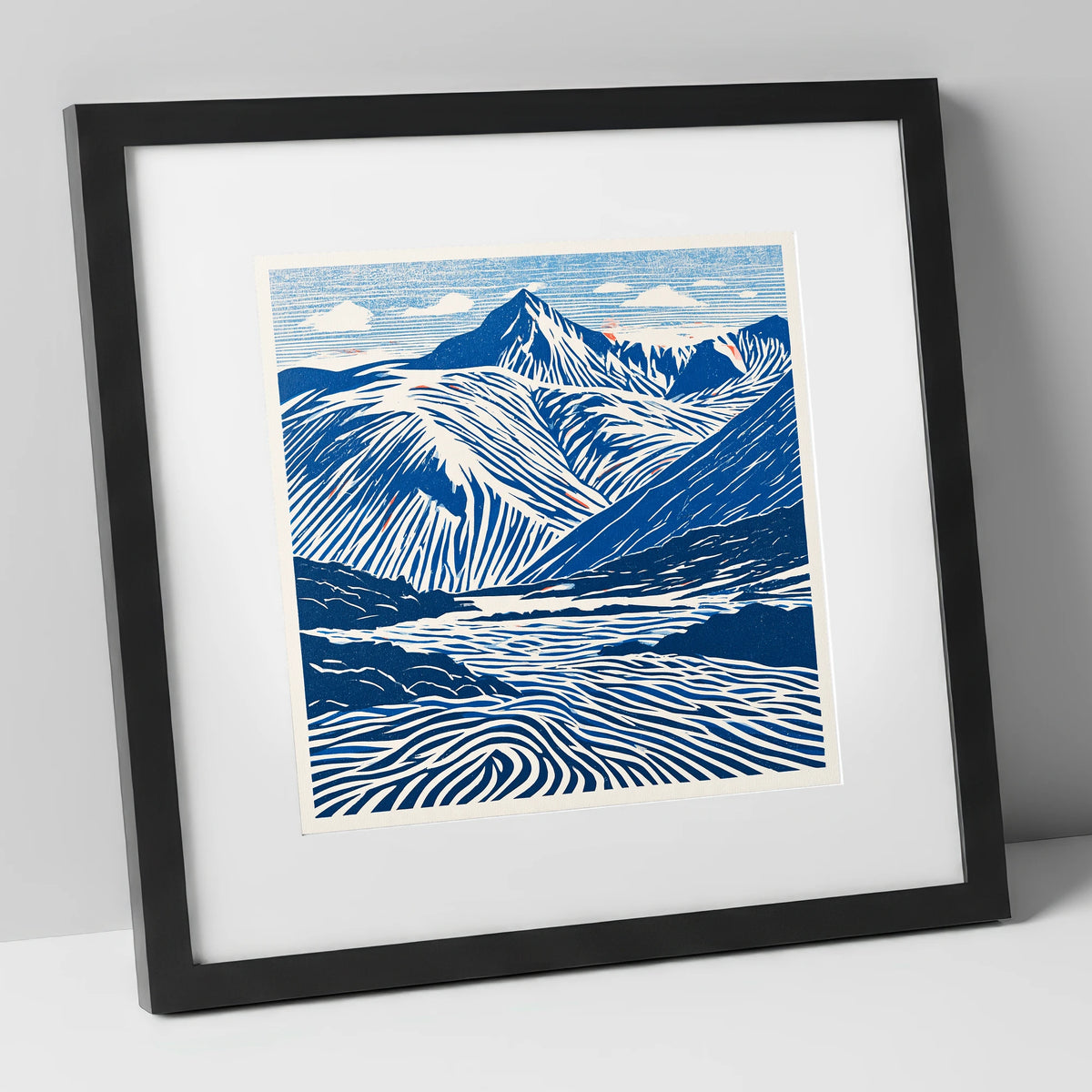 Cobalt Blue Scafell Pike lake district fell art print in black frame