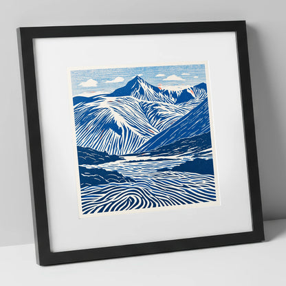 Cobalt Blue Scafell Pike lake district fell art print in black frame