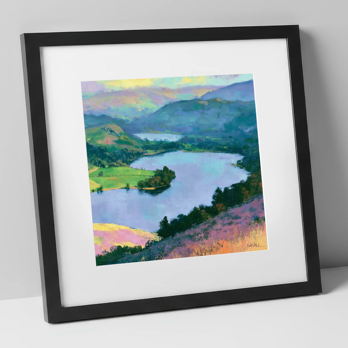 Grasmere Above Purple Bracken lake district lake art print in black frame