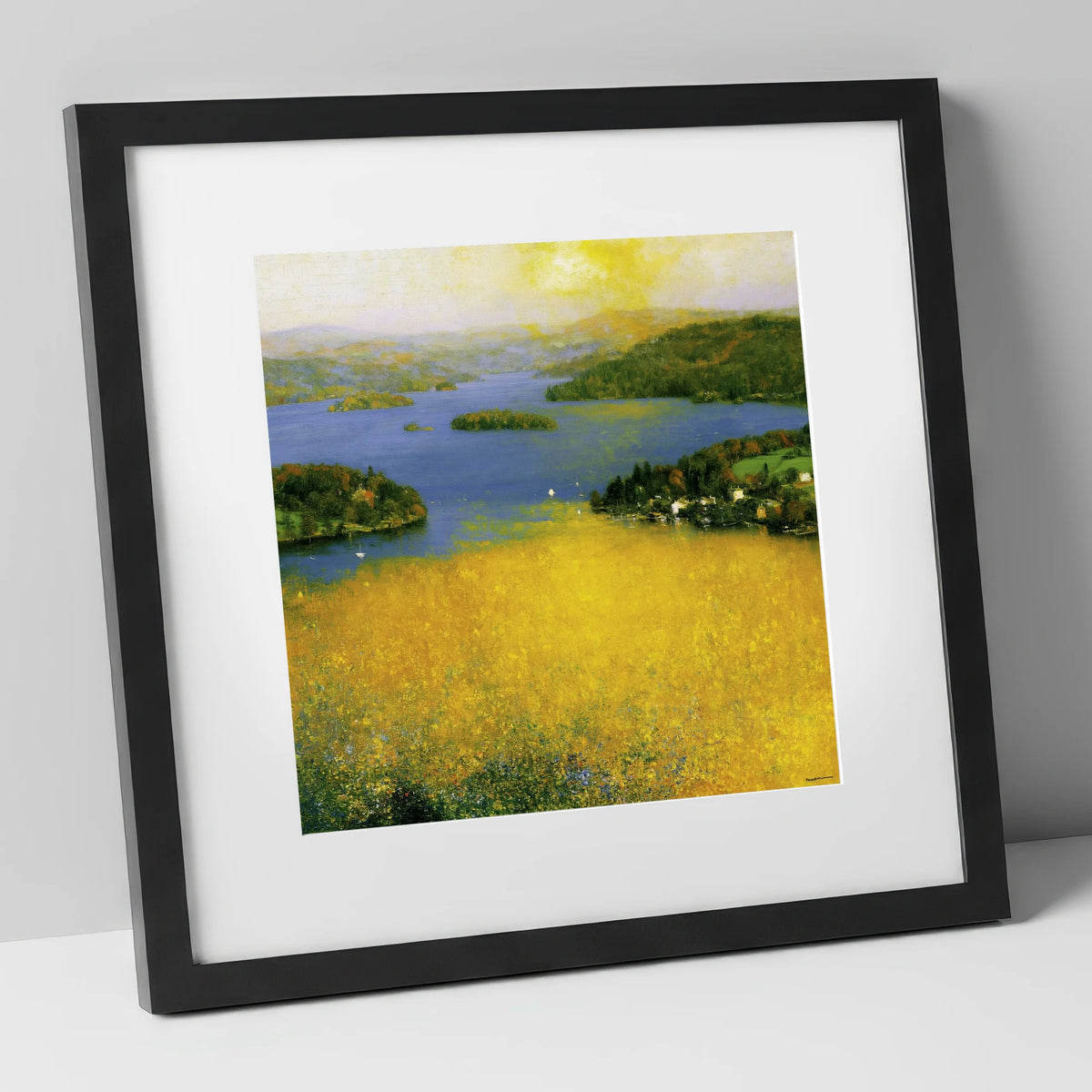Golden Light Over Bowness Bay lake district village art print in black frame