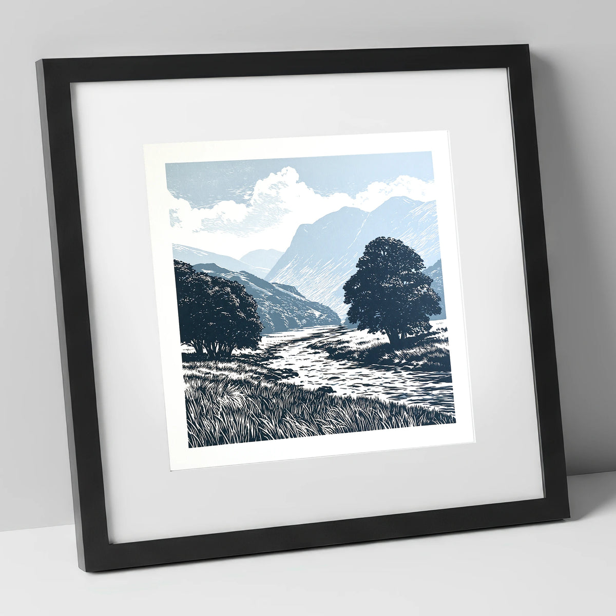 Borrowdale River in Slate Blue lake district valley art print in black frame
