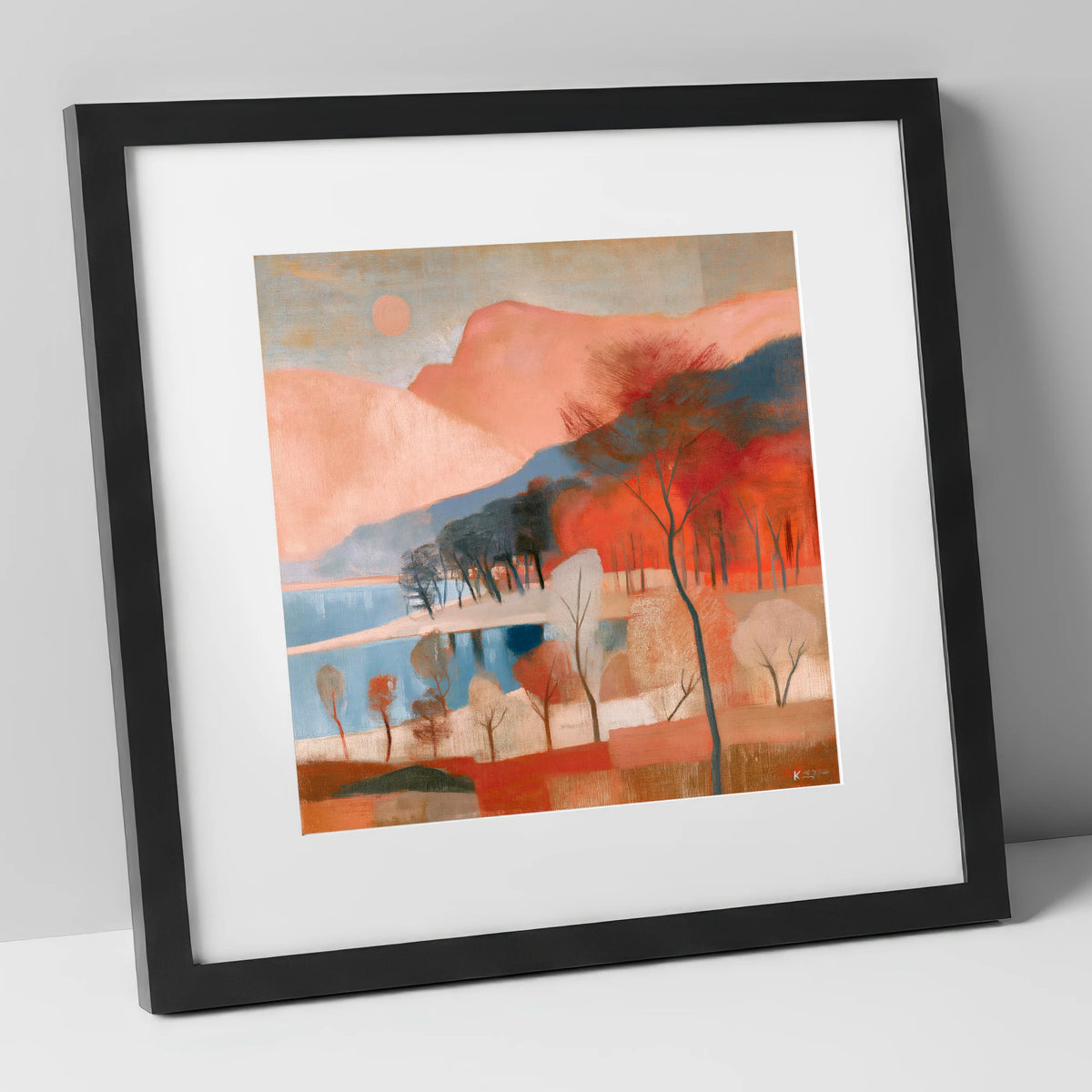 Terracotta Fells and Slate Lake lake district lake art print in black frame
