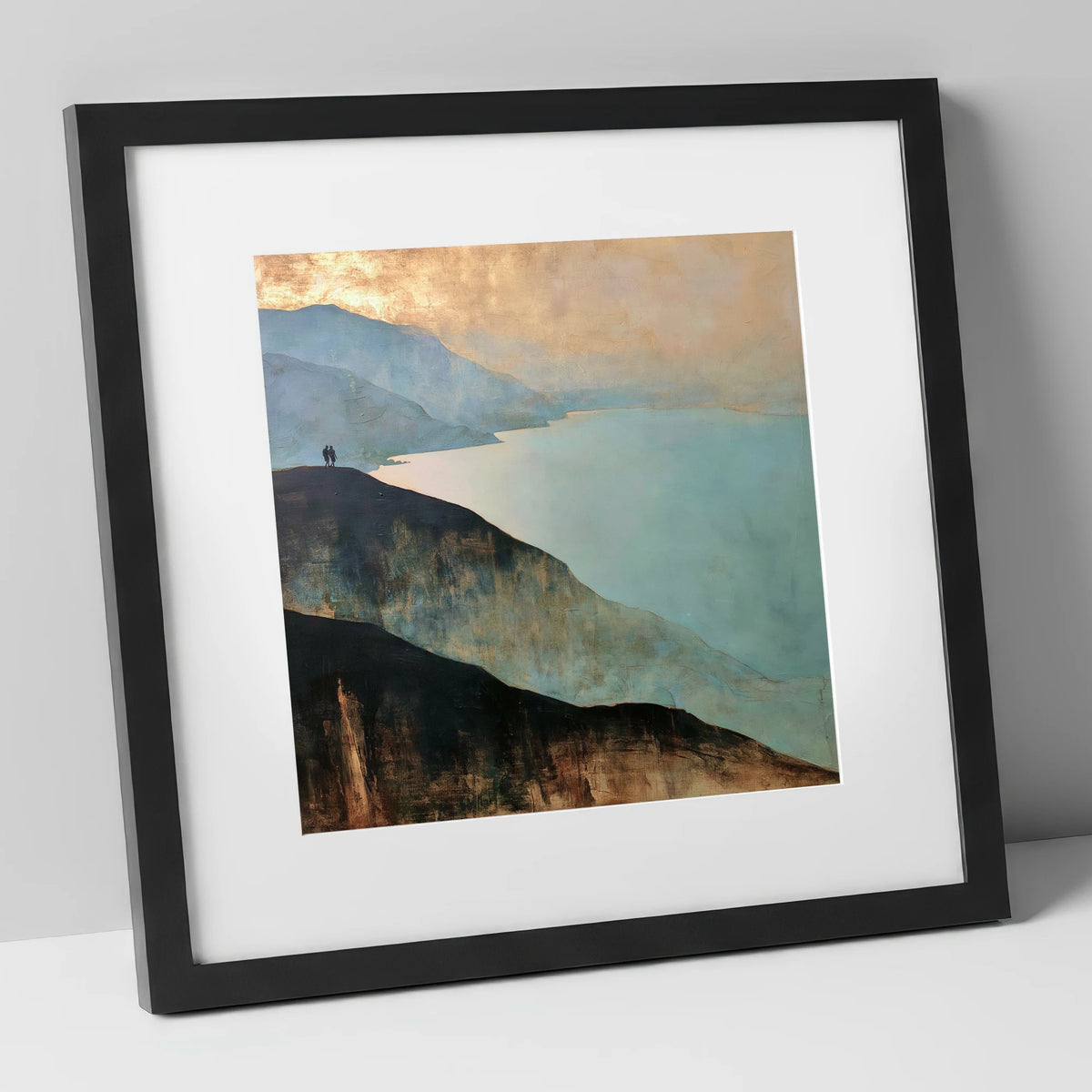 Walkers on Catbells Ridge lake district fell art print in black frame