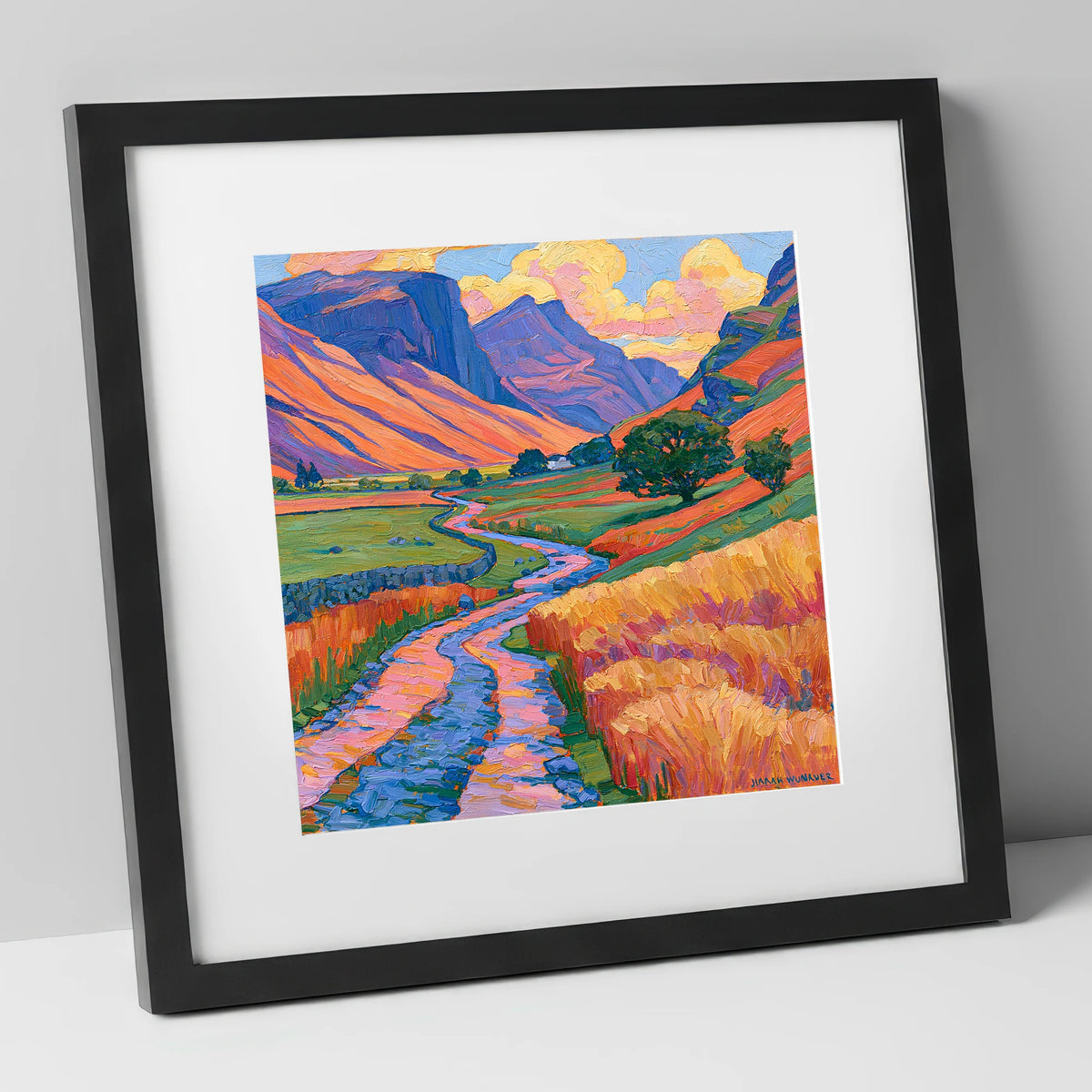Sunlit Fell Side and Winding Beck lake district valley art print in black frame