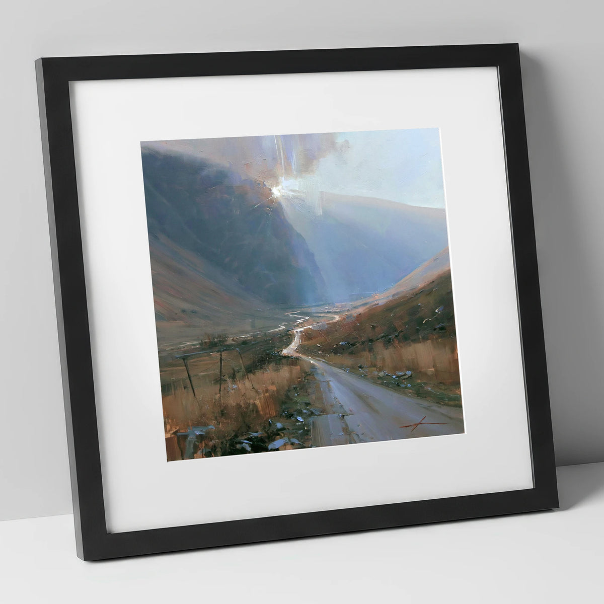 Mountain Pass in Breaking Light lake district valley art print in black frame