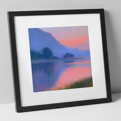 Lake Reflections in Pink Twilight lake district lake art print in black frame
