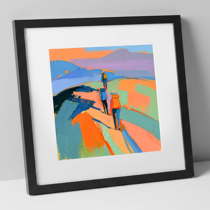 Vivid Hikers on a Fell Ridge lake district fell art print in black frame