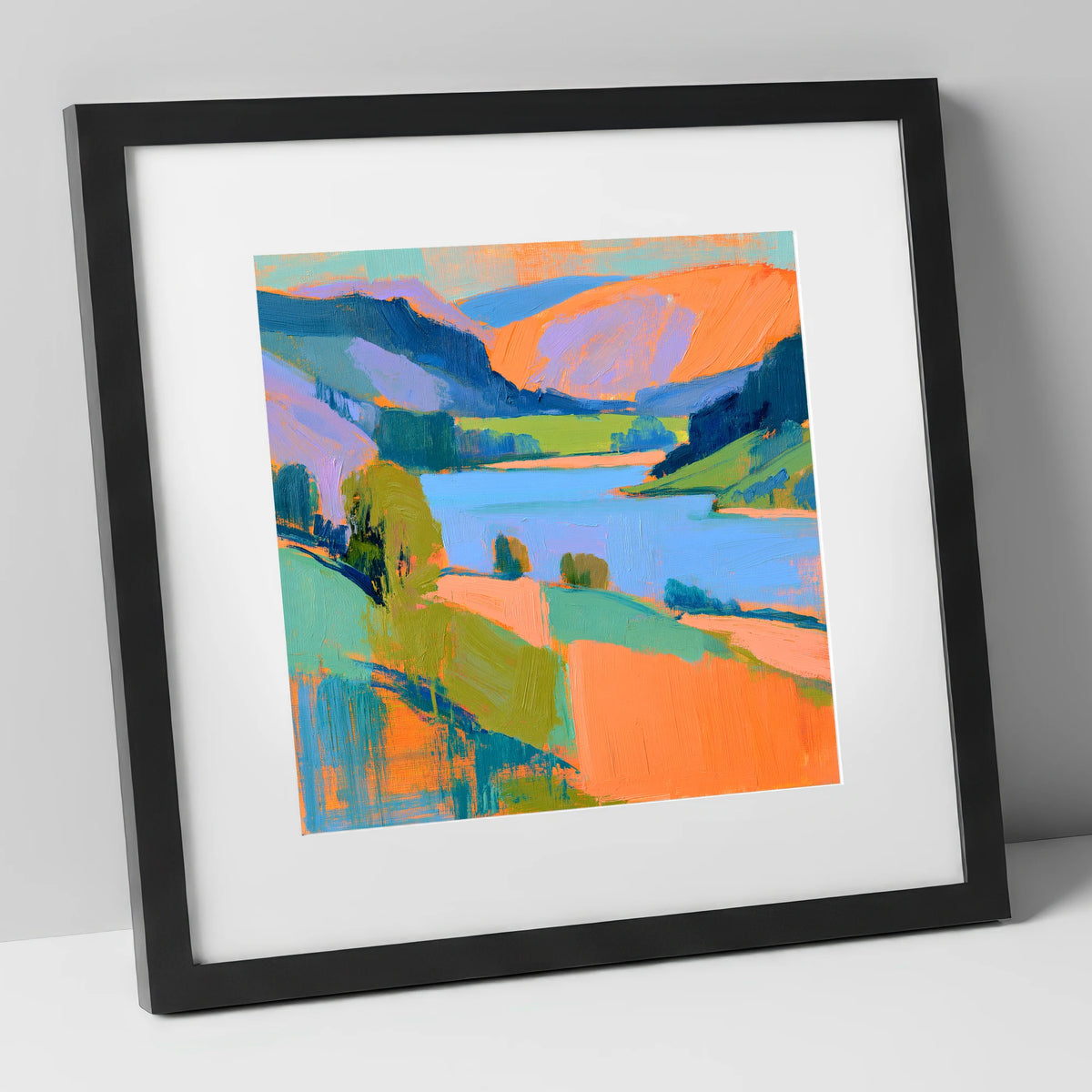 Vivid Orange Fells and Lake lake district lake art print in black frame