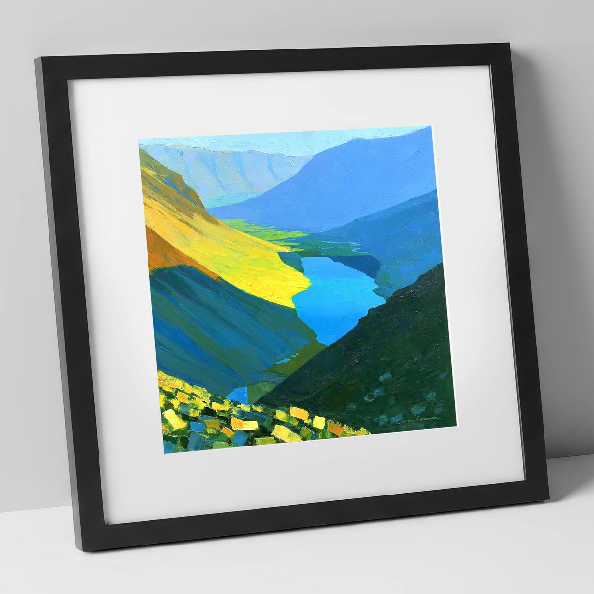 Vibrant Summit View Over Valley Lake lake district fell art print in black frame