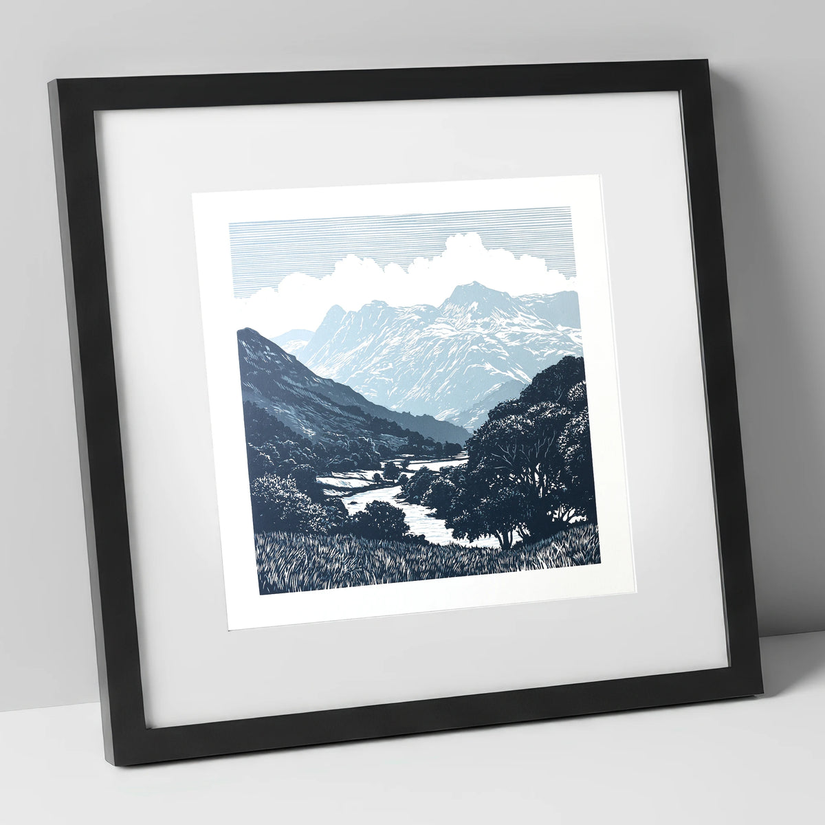 Great Langdale Slate Blue Fells lake district valley art print in black frame