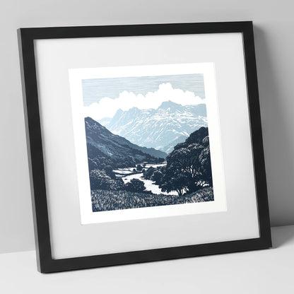Great Langdale Slate Blue Fells lake district valley art print in black frame