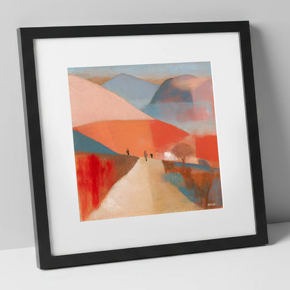 Walkers on a Coral Mountain Path lake district walking art print in black frame