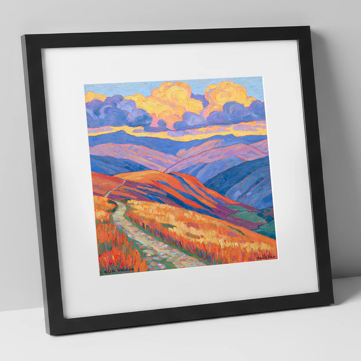 Colourful Rolling Fells Under Cloud lake district fell art print in black frame