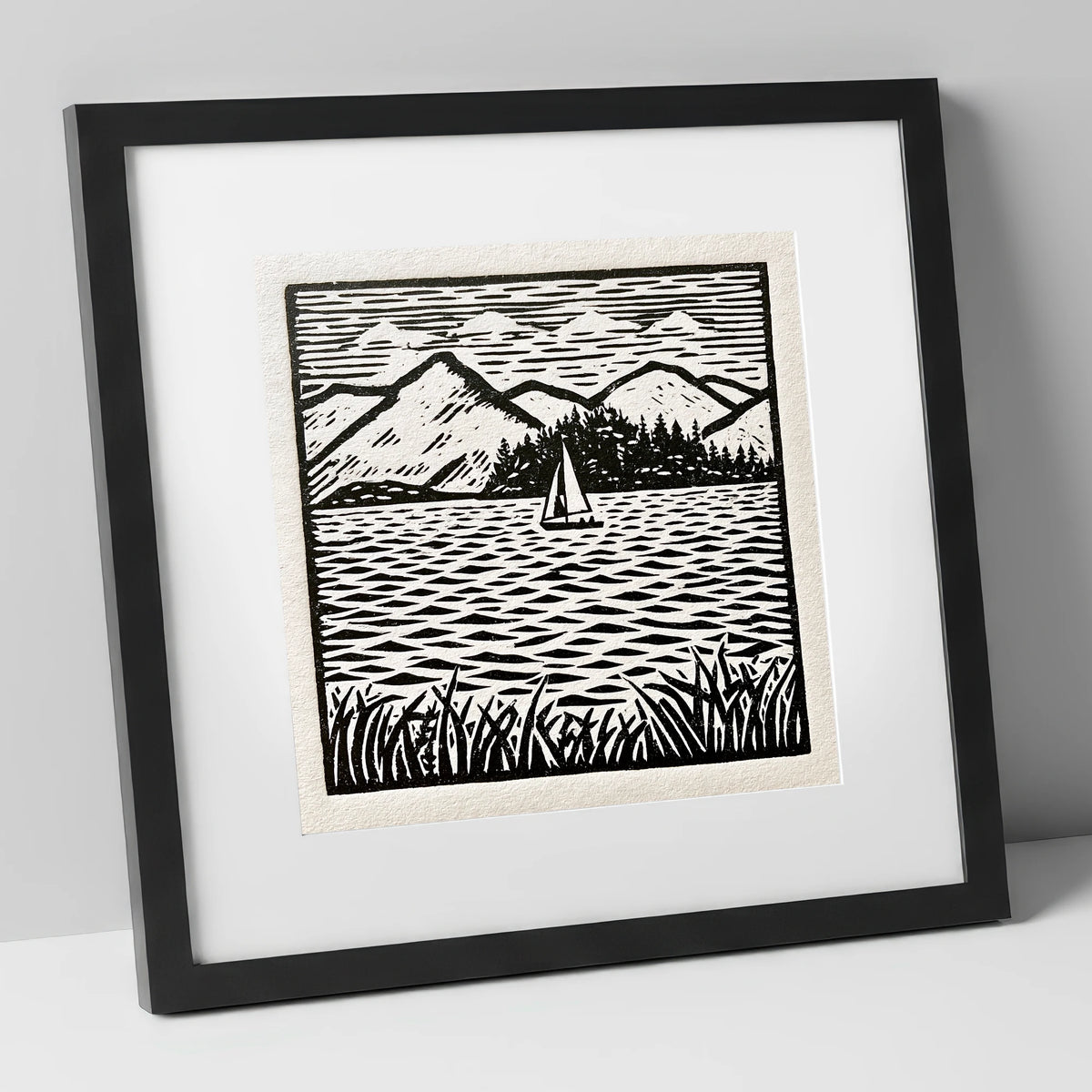 Monochrome Sailboat on Derwentwater lake district lake art print in black frame