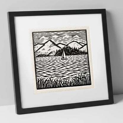 Monochrome Sailboat on Derwentwater lake district lake art print in black frame