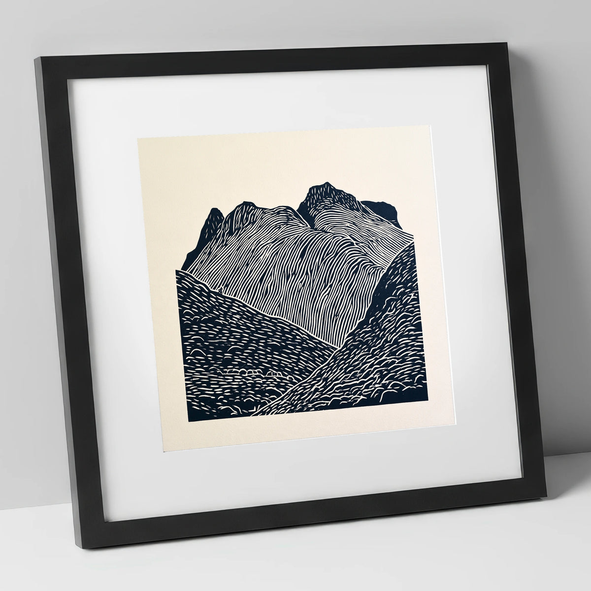 Graphic Monochrome Langdale Pikes lake district fell art print in black frame